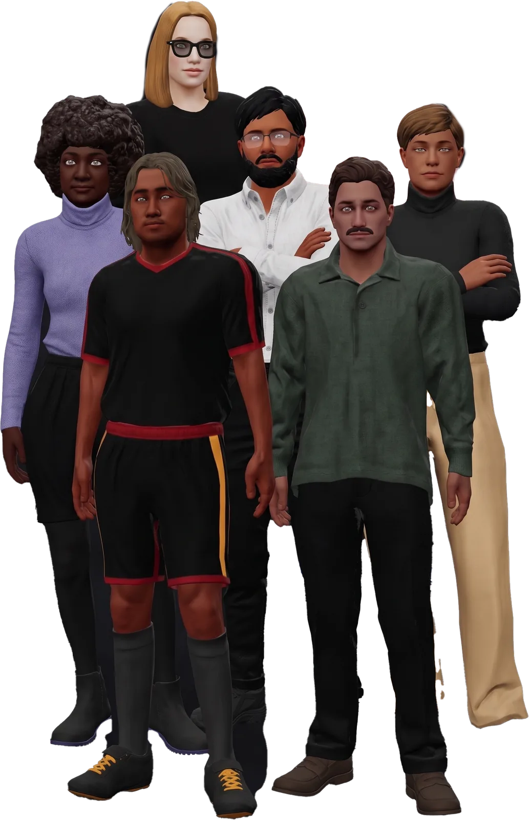 Six Avatar Studio characters with different skin tones, hairstyles, glasses and garments.