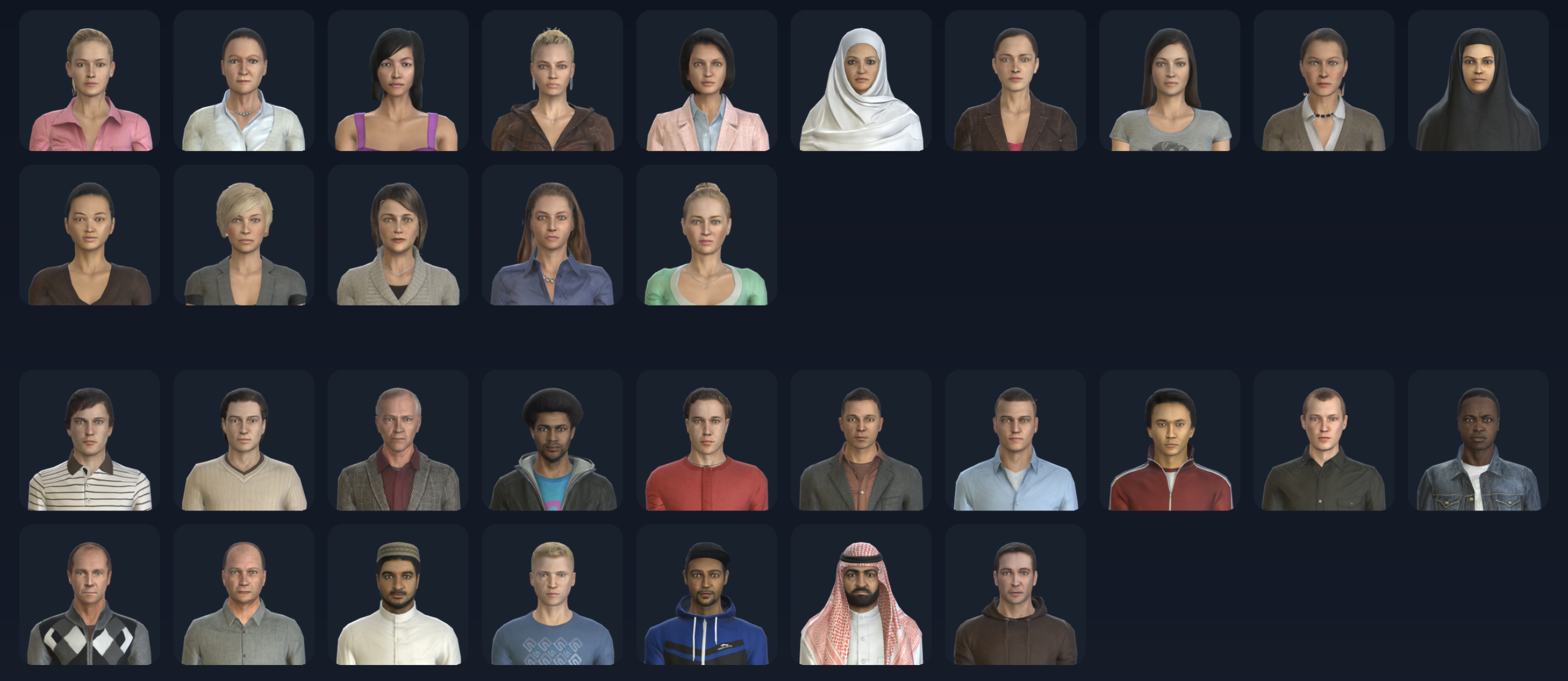 RAVE.SPACE avatar dashboard showing 16 female and 17 male avatars across ages and ethnicities.